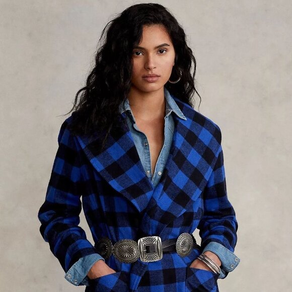 POLO RALPH LAUREN Checked Belted Shawl Collar Jacket XS Fringe Blue NEW $328 - Picture 2 of 14